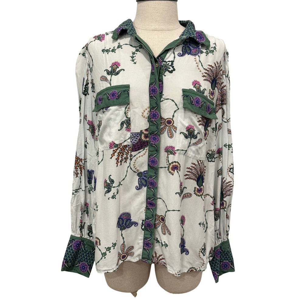 Loft Womens Medium White Peacock Floral Paisley Viscose Button Down Blouse
